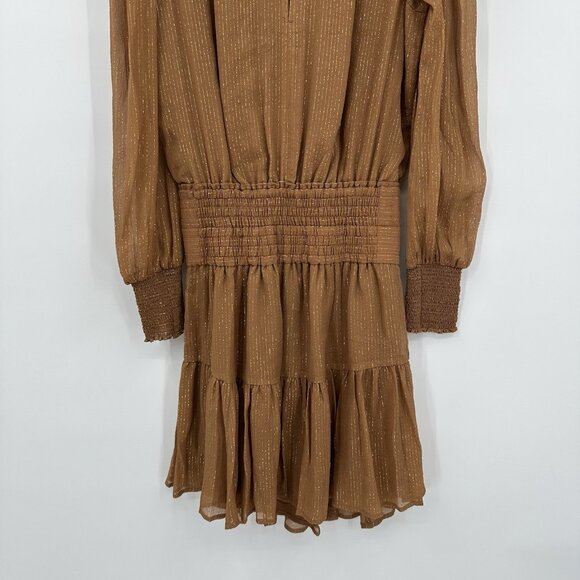 ALC SILVIE dress smocked long sleeve sheer metallic stripe silk butterscotch 2 - Picture 5 of 9